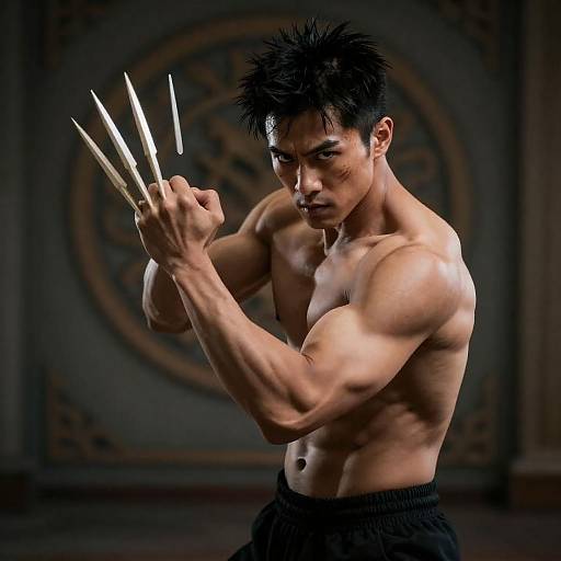 Intense Muscular Warrior in Dim Light