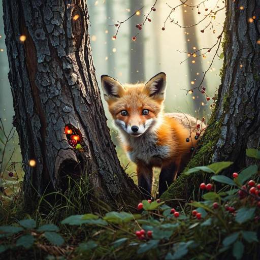 Playful Red Fox Cub in Foggy Woodland Playful Red Fox Cub in Foggy Woodland