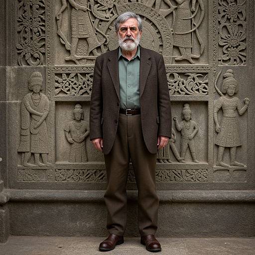 Stern Elder by Ancient Carved Wall