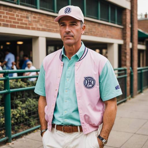 Middle-aged man in pastel baseball jersey outfit
