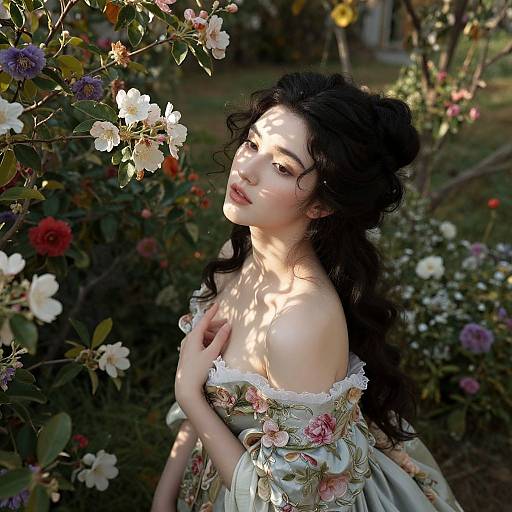 Photograph of a pale-skinned woman with long black hair, floral off-shoulder dress, surrounded by vibrant flowers, sunlight filtering through leaves,