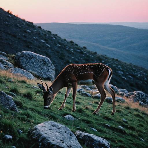 Serene Sunset: Deer on Rocky Hillside Serene Sunset: Deer on Rocky Hillside