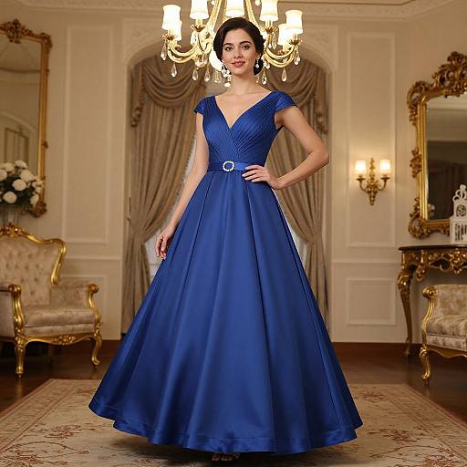 Photograph of a woman in a vivid blue, V-neck, floor-length evening gown with a wide belt, standing in an opulent, gold-ac