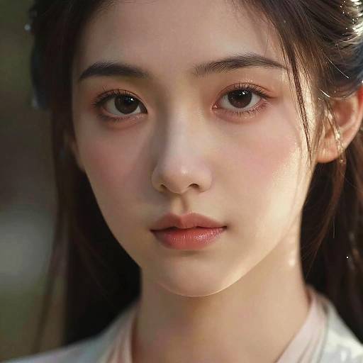 Close-up photograph of a young Asian woman with fair skin, brown eyes, subtle pink blush, and dark brown hair, wearing a white top, looking