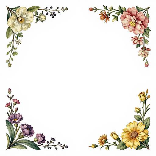 Detailed floral border illustration: Four corners with colorful flowers, including hibiscus, pink roses, yellow sunflowers, and purple blossoms, on