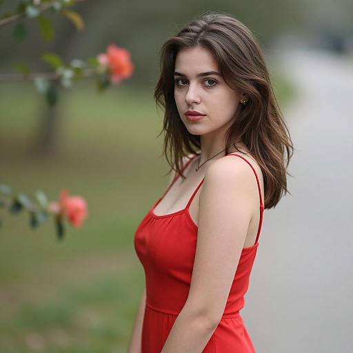 Photograph of a young woman with fair skin and dark brown hair, wearing a red sleeveless dress, standing outdoors with blurred greenery and red flowers