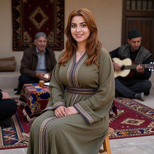 Photograph of a smiling woman with long brown hair, wearing an olive green dress with embroidered trim, seated indoors on a wooden chair, with two men