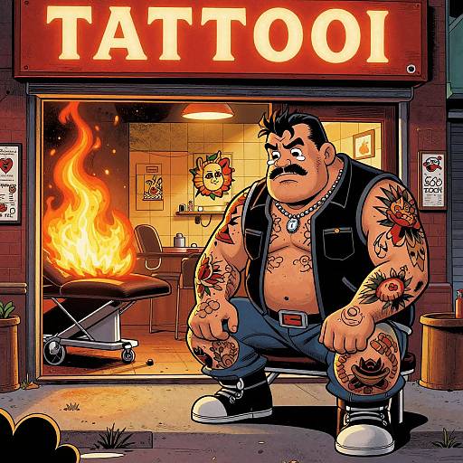 Cartoon tattoo parlor exterior: muscular, tattooed man with black vest, blue jeans, white sneakers, and mustache sits outside fiery tattoo shop