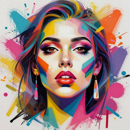 Vibrant digital portrait of a woman with colorful abstract background, featuring bold red lips, dark eyes, multicolored hair, and geometric earrings.