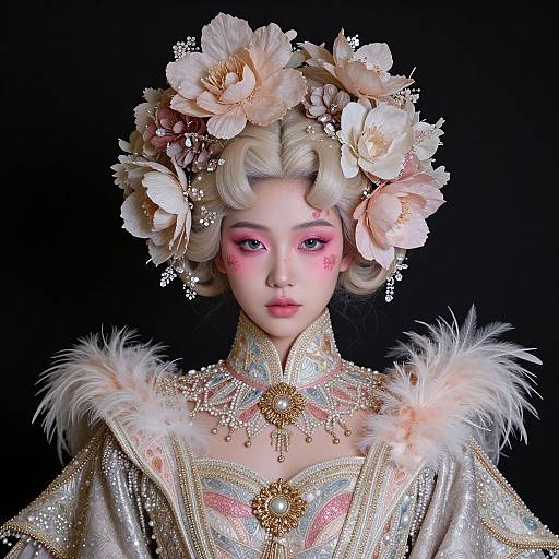 Digital portrait of a pale-skinned doll with pink-tinged cheeks, wearing an elaborate floral headpiece, ornate gold necklace, and sparkling,