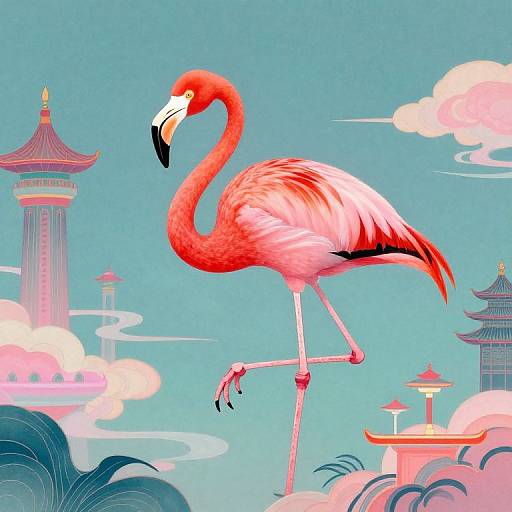 Digital illustration of a pink flamingo with a curved neck, standing on one leg in a vibrant, blue sky with Asian-style pagodas and clouds