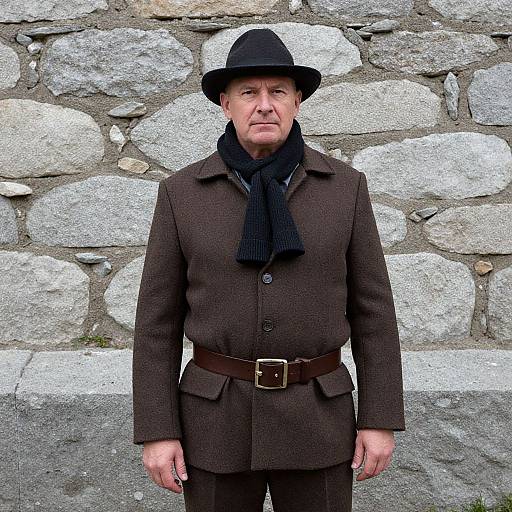 Photograph of an elderly man with fair skin, wearing a black hat, brown coat, black scarf, and brown belt, standing against a stone wall