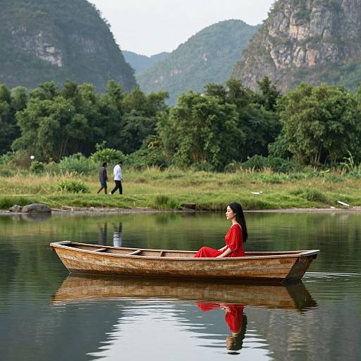 Serene Lakeside Woman in Red Dress