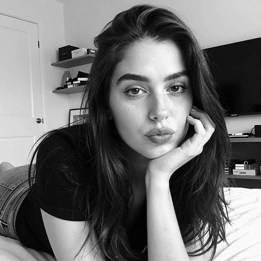 Black and White Portrait of Woman on Bed