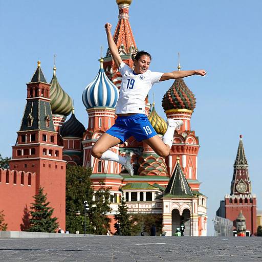 Photograph of a female soccer player in mid-air jump, wearing white jersey (number 75) and blue shorts, against vibrant, detailed Kremlin backdrop