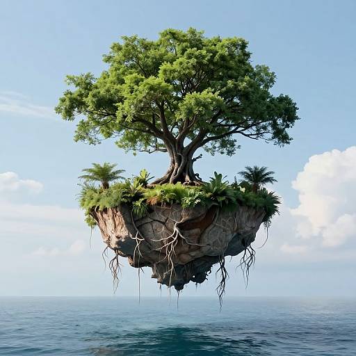 Digital artwork of a floating island with a large, lush green tree, surrounded by small plants, roots dangling, set against a clear blue sky and calm
