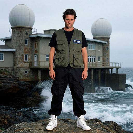 Photograph of a serious-looking man with short brown hair, wearing a green vest, black shirt, pants, and white sneakers, standing on a rocky