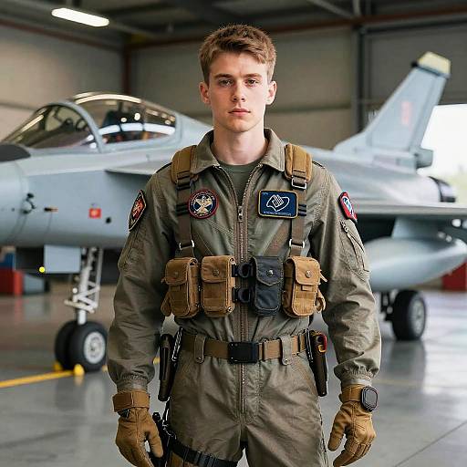 Photograph of a young, serious-looking male pilot in a military flight suit, standing in front of a fighter jet in a hangar.