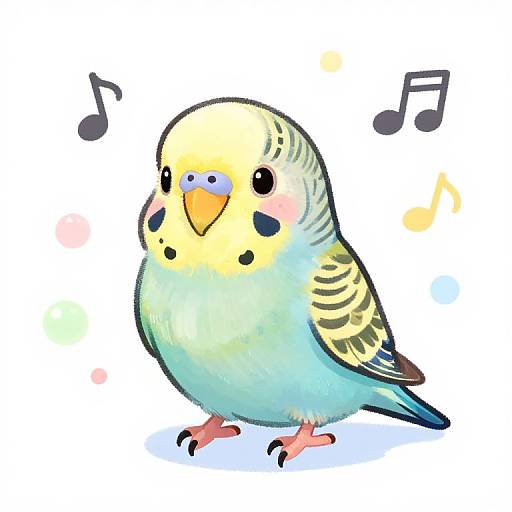 Cute digital drawing of a yellow and blue budgie with black stripes, pink blush, and musical notes, standing on a white background.