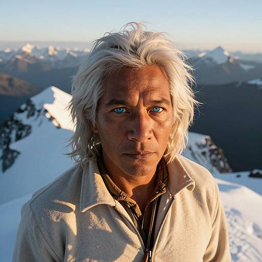 Photograph of a middle-aged man with white, tousled hair, blue eyes, and tan skin, wearing a beige zip-up jacket, standing in