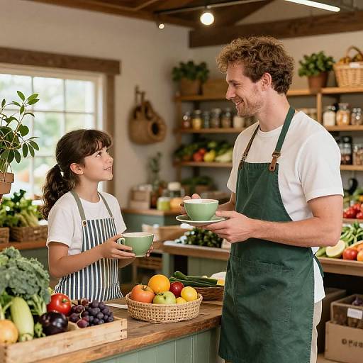 Photograph of a smiling young couple in green and black-striped aprons, standing in a bright, rustic farm market café, serving tea amidst colorful fruits