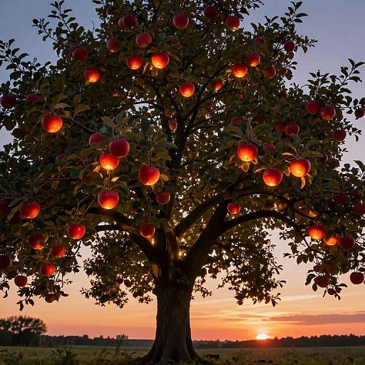 Photograph of a silhouetted apple tree with glowing red apples against a vibrant sunset sky, over a grassy field.