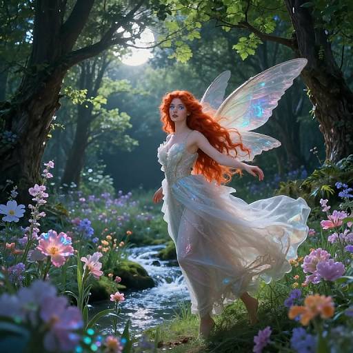 Digital fantasy artwork of a red-haired fairy with translucent wings, wearing a flowing white dress, dancing in a moonlit forest path surrounded by colorful flowers and