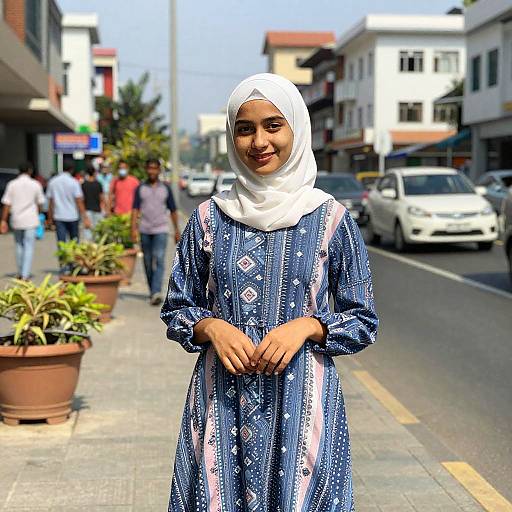 Young Woman in White Hijab on City Sidewalk