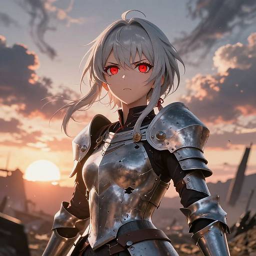 Digital anime-style illustration of a silver-haired woman with glowing red eyes, clad in shiny, detailed silver armor, standing against a dramatic sunset sky with scattered