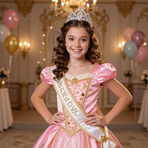 Photograph of a smiling young girl with curly brown hair, wearing a silver tiara, pink satin princess dress with gold trim, and white sash