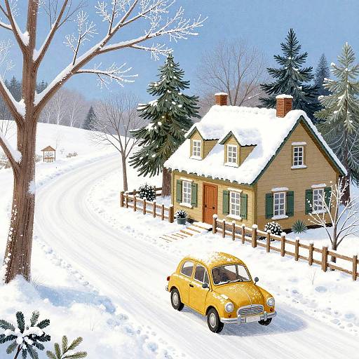 Bright, snowy suburban scene with a yellow vintage car in front of a beige, two-story house with green shutters and snow-covered roof. Leafless