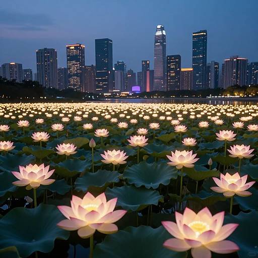 Photograph of a twilight cityscape with illuminated skyscrapers in the background, and a field of glowing white lotus flowers in the foreground.