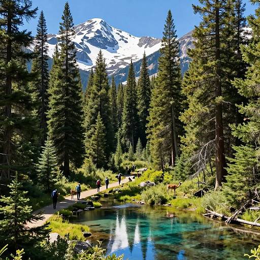 Photograph of a serene mountain forest with tall pine trees, a clear turquoise pond, and snow-capped peaks in the background under a bright blue sky