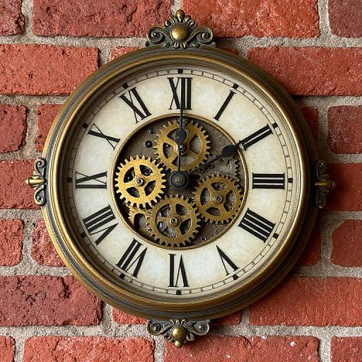 Antique brass clock with exposed gears, black Roman numerals, mounted on a textured red brick wall, ornate decorations on top.