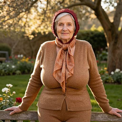 Elegant Elderly Woman in Sunlit Garden