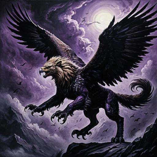 Majestic Griffon Flying in Moony Sky