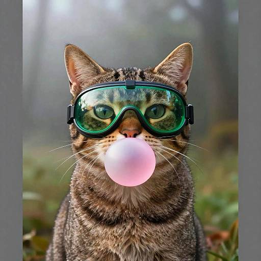 Tabby Cat Wearing Green Goggles Blowing Bubblegum