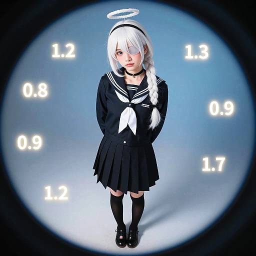 Digital anime-style drawing of a white-haired girl with a halo, wearing a black sailor uniform and thigh-high socks, against a blue circular background with white