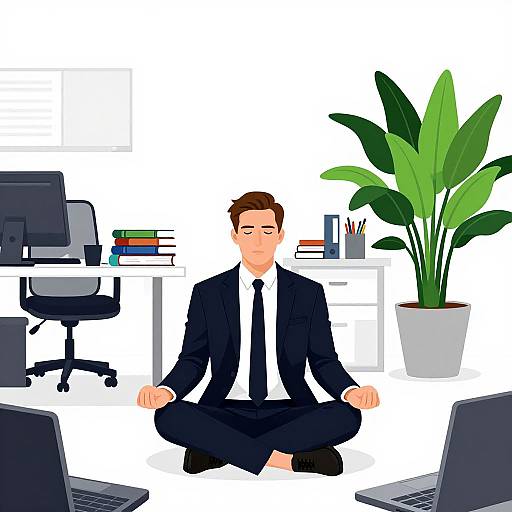 Digital illustration of a brown-haired man in a black suit and tie, meditating cross-legged in an office with desks, laptops, books, and a
