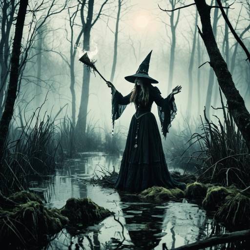 Witch Casting Spell in Foggy Forest