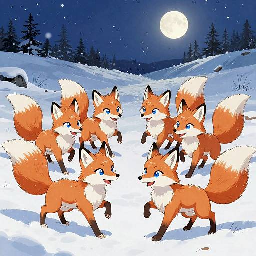 Cheerful Snow Fox Spirits Playing Tag