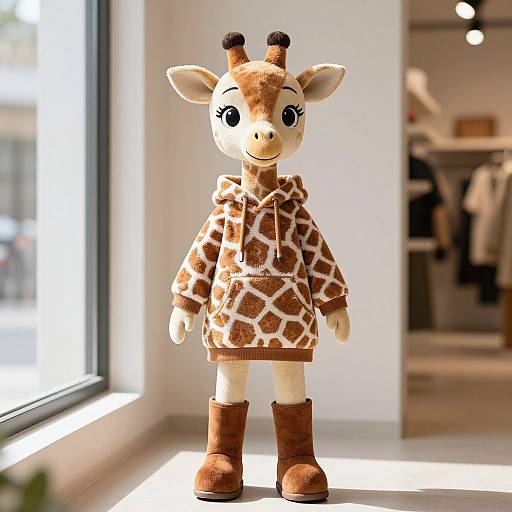 Photograph of a cute, plush giraffe toy with brown and white patterned hoodie, brown boots, and black eyes, standing by a sunlit