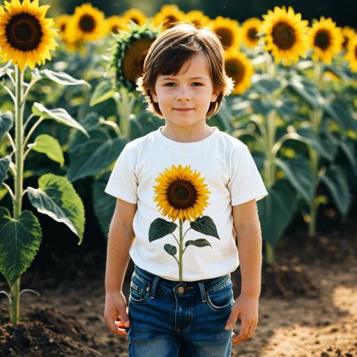 Young Boy Standing in Sunflower Field