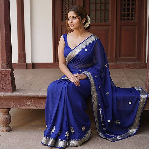 Photograph of a beautiful Indian woman with medium brown skin and dark hair, wearing a royal blue sari with silver embroidery, sitting on a wooden bench