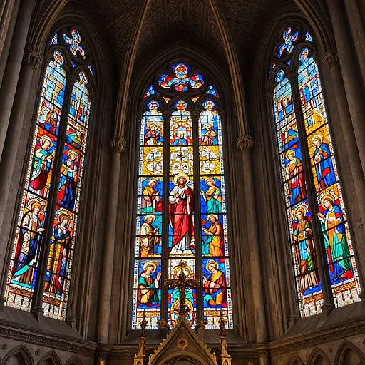 Photograph of vibrant, multi-colored Gothic-style stained glass windows depicting biblical scenes with detailed figures, set within an arched, stone cathedral interior.
