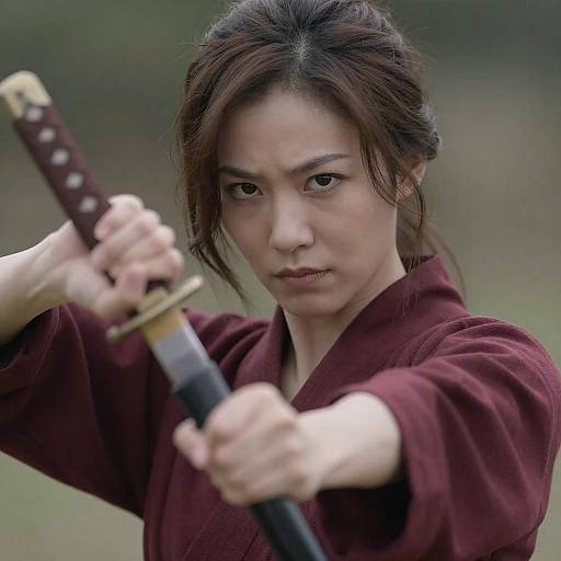 Intense Woman with Katana in Maroon Shirt