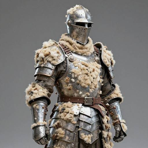 Photorealistic CGI of medieval knight in shiny steel armor, adorned with fur trim, standing against a gray gradient background.