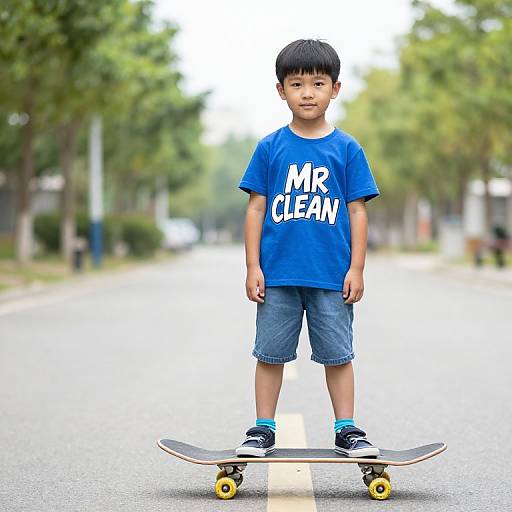 Young Boy with Skateboard on Street