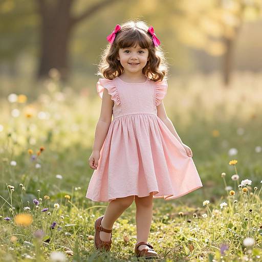 Cheerful Girl in Pink Meadow