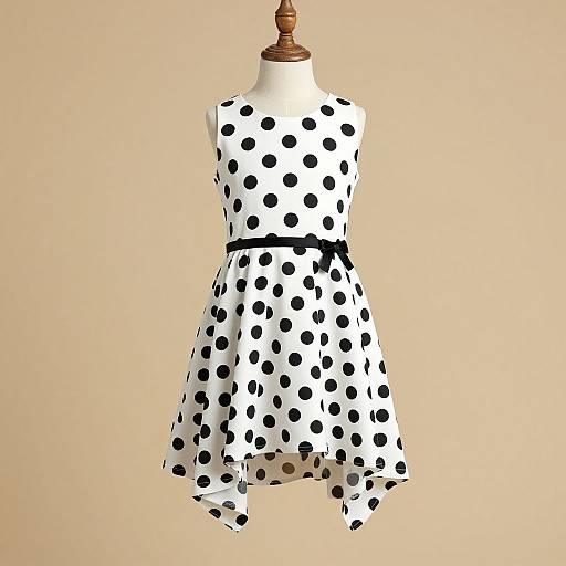 Photograph of a sleeveless, white dress with black polka dots, black waistband, displayed on a wooden dress form against a beige background.